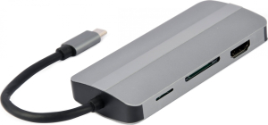 GEMBIRD MULTI ADAPTER USB TYP-C 8W1 (HUB3.1 + HDMI + VGA + PD + CZYTNIK KART + DŹWIĘK STEREO)  SZARY
