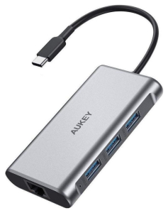 Aukey aluminiowy HUB USB-C | 8w1 | RJ45 Ethernet 10/100/1000Mbps | 3xUSB 3.1 | HDMI 4k@30Hz | SD i micro SD | USB-C Power Delivery 100W