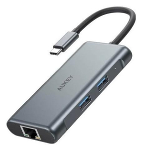 Aukey aluminiowy Hub USB-C | 6w1 | RJ45 Ethernet 10/100/1000Mbps | 3xUSB 3.1 | HDMI 4k@30Hz | USB-C Power Delivery 100W