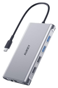 Aukey aluminiowy Hub USB-C | 10w1 | RJ45 Ethernet 10/100/1000Mbps | 4xUSB | HDMI 4k@30Hz | SD i microSD | USB-C Power Delivery 100W