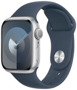 Apple Watch Series 9 GPS 41mm Silver Aluminium Case with Storm Blue Sport Band - S/M