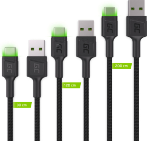 Green Cell USB-C Typ C 30cm, 1,2m, 2m LED Green Cell Ray, szybkie ładowanie QC 3.0