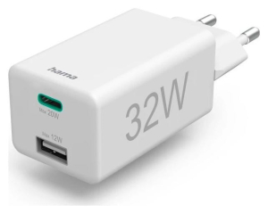 Hama mini 32W, PD/QC (1X USB-C, 1X USB-A), biała