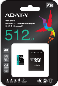 ADATA Premier Pro microSDXC 512GB 100R/80W UHS-I U3 Class 10 A2 V30S + Adapter