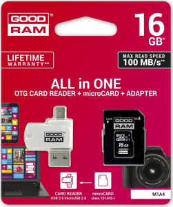 Karta pamięci z adapterem i czytnikiem kart GoodRam All in one M1A4-0160R12 (16GB; Class 10; Adapter  Czytnik kart MicroSDHC  Karta pamięci)
