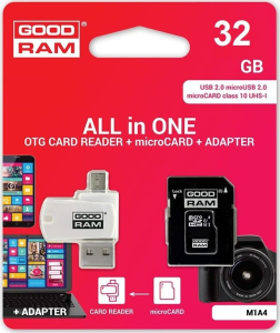 Karta pamięci z adapterem i czytnikiem kart GoodRam All in one M1A4-0320R12 (32GB; Class 10; Adapter  Czytnik kart MicroSDHC  Karta pamięci)