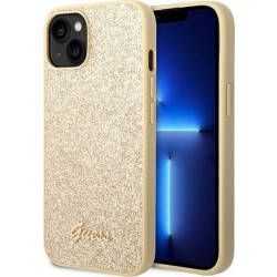 Guess Glitter Flakes Metal Logo Case iPhone 14 Plus złoty'