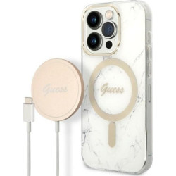 Guess Bundle Pack MagSafe IML Marble - Zestaw etui + ładowarka MagSafe iPhone 14 Pro (biały/złoty)'