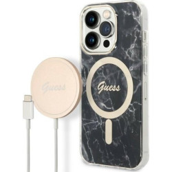 Guess Bundle Pack MagSafe IML Marble - Zestaw etui + ładowarka MagSafe iPhone 14 Pro (czarny/złoty)'
