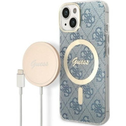 Guess Bundle Pack MagSafe 4G - Zestaw etui + ładowarka MagSafe iPhone 14 Plus (niebieski/złoty)'