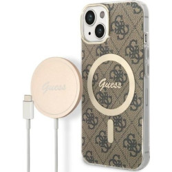 Guess Bundle Pack MagSafe 4G - Zestaw etui + ładowarka MagSafe iPhone 14 Plus (brązowy/złoty)'