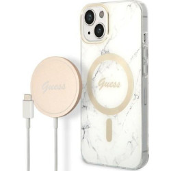 Guess Bundle Pack MagSafe IML Marble - Zestaw etui + ładowarka MagSafe iPhone 14 Plus (biały/złoty)'