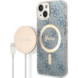 Guess Bundle Pack MagSafe 4G - Zestaw etui + ładowarka MagSafe iPhone 14 (niebieski/złoty)'