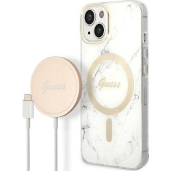 Guess Bundle Pack MagSafe IML Marble - Zestaw etui + ładowarka MagSafe iPhone 14 (biały/złoty)'