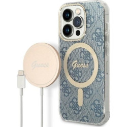 Guess Bundle Pack MagSafe 4G - Zestaw etui + ładowarka MagSafe iPhone 14 Pro Max (niebieski/złoty)'