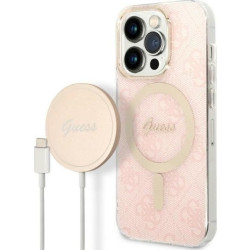 Guess Bundle Pack MagSafe 4G - Zestaw etui + ładowarka MagSafe iPhone 14 Pro Max (różowy/złoty)'