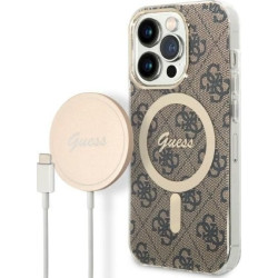 Guess Bundle Pack MagSafe 4G - Zestaw etui + ładowarka MagSafe iPhone 14 Pro Max (brązowy/złoty)'