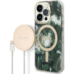 Guess Bundle Pack MagSafe IML Jungle - Zestaw etui + ładowarka MagSafe iPhone 14 Pro Max (khaki/złoty)'