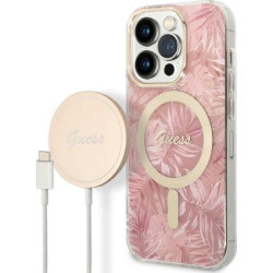 Guess Bundle Pack MagSafe IML Jungle - Zestaw etui + ładowarka MagSafe iPhone 14 Pro Max (różowy/złoty)'