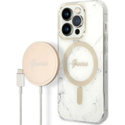 Guess Bundle Pack MagSafe IML Marble - Zestaw etui + ładowarka MagSafe iPhone 14 Pro Max (biały/złoty)'