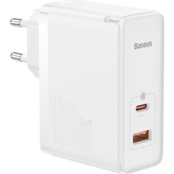 Baseus GaN5 Pro, USB-C + USB, 100W + kabel (biała)'