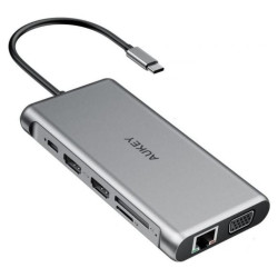 Aukey aluminiowy HUB USB-C | 12w1 | RJ45 Ethernet 10/100/1000Mbps | 2xUSB 3.1 | 2xUSB 2.0 | 2xHDMI 4k@30Hz | VGA | SD i microSD | USB-C'