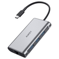 Aukey aluminiowy HUB USB-C | 8w1 | RJ45 Ethernet 10/100/1000Mbps | 3xUSB 3.1 | HDMI 4k@30Hz | SD i micro SD | USB-C Power Delivery 100W'