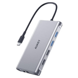 Aukey aluminiowy Hub USB-C | 10w1 | RJ45 Ethernet 10/100/1000Mbps | 4xUSB | HDMI 4k@30Hz | SD i microSD | USB-C Power Delivery 100W'