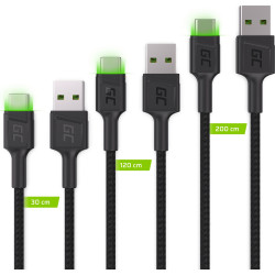 Green Cell USB-C Typ C 30cm, 1,2m, 2m LED Green Cell Ray, szybkie ładowanie QC 3.0'