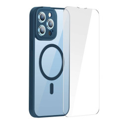 Baseus Frame zestaw ochronny przeźroczyste etui magnetyczne i szkło hartowane do iPhone 14 Pro Max niebieski'