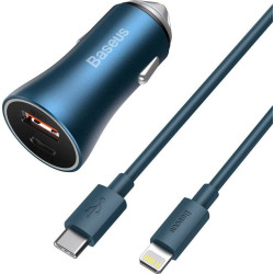Baseus Golden Contactor Pro, USB + USB-C, QC4.0+, PD, SCP, 40W (niebieska) + kabel USB-C do Lightning 1m (niebieski)'