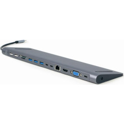 GEMBIRD MULTI ADAPTER USB TYPE-C 8W1 (HUB USB + HDMI + VGA + PD + CZYTNIK KART + LAN + AUDIO 3 5 MM) KOLOR SZARY'