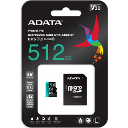 ADATA Premier Pro microSDXC 512GB 100R/80W UHS-I U3 Class 10 A2 V30S + Adapter'