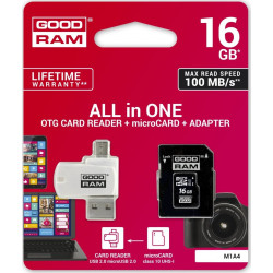 Karta pamięci z adapterem i czytnikiem kart GoodRam All in one M1A4-0160R12 (16GB; Class 10; Adapter  Czytnik kart MicroSDHC  Karta pamięci)'