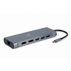 GEMBIRD MULTI ADAPTER USB TYP-C 8 W 1 (HUB3.0 + HDMI + DISPLAYPORT + VGA + PD + CZYTNIK KART + LAN + DŹWIĘK STEREO)  SZARY'